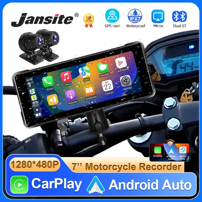 Jansite 7'' Motorcycle DVR Wireless Apple Carplay Moto Android Auto LCD Display IP67 Waterproof Monitor GPS Navigation Portable