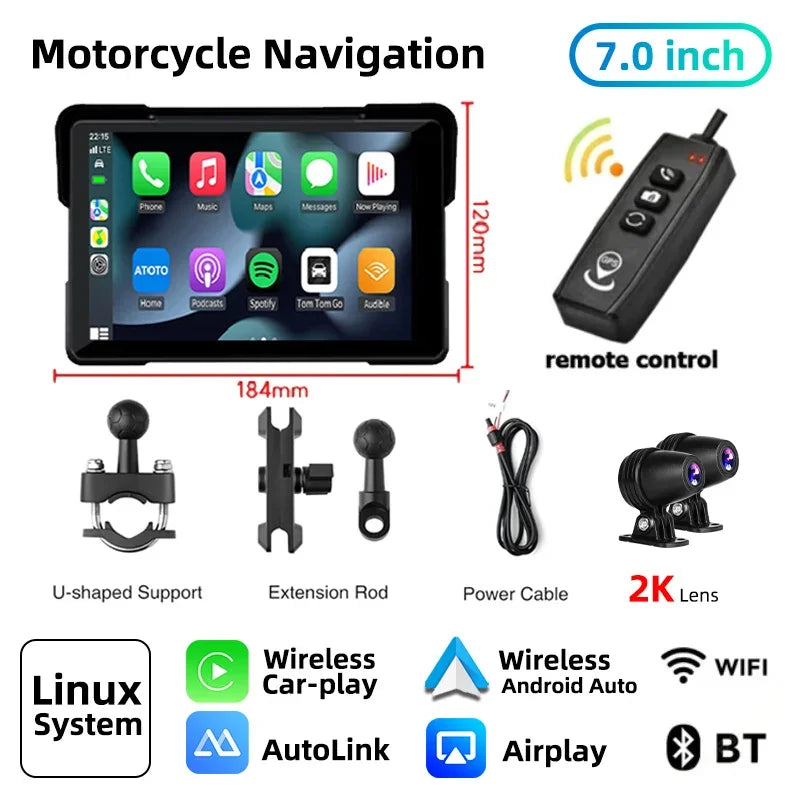 Jansite 7'' Motorcycle DVR Wireless Apple Carplay Moto Android Auto LCD Display IP67 Waterproof Monitor GPS Navigation Portable