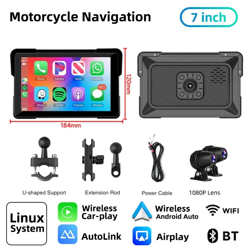 Jansite 7'' Motorcycle DVR Wireless Apple Carplay Moto Android Auto LCD Display IP67 Waterproof Monitor GPS Navigation Portable