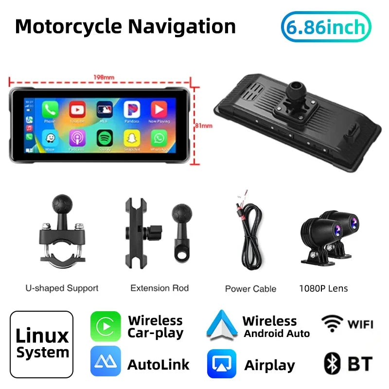 Jansite 7'' Motorcycle DVR Wireless Apple Carplay Moto Android Auto LCD Display IP67 Waterproof Monitor GPS Navigation Portable