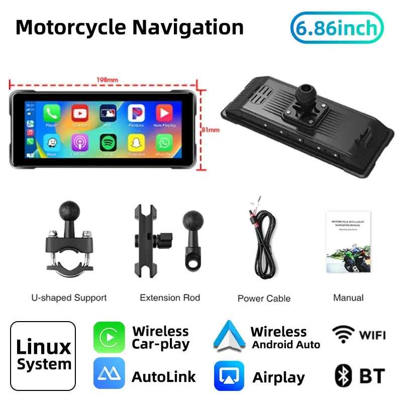 Jansite 7'' Motorcycle DVR Wireless Apple Carplay Moto Android Auto LCD Display IP67 Waterproof Monitor GPS Navigation Portable