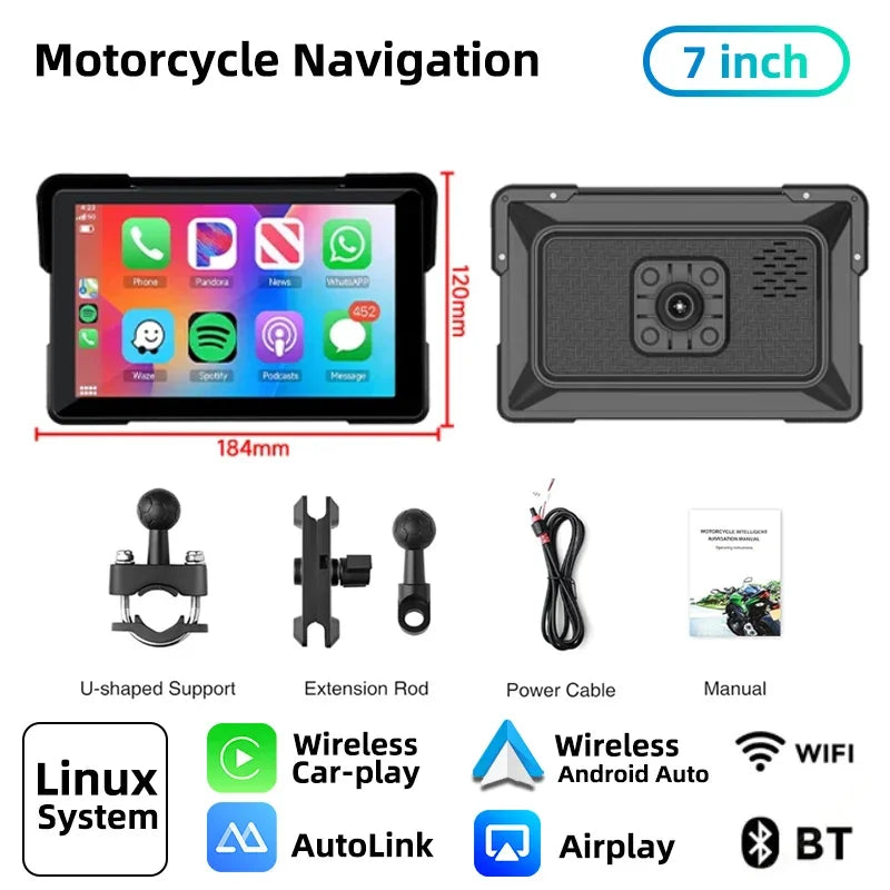 Jansite 7'' Motorcycle DVR Wireless Apple Carplay Moto Android Auto LCD Display IP67 Waterproof Monitor GPS Navigation Portable